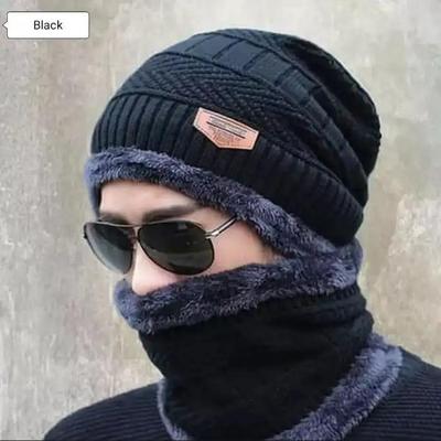 Cozy 2 Pcs Wool Beanie and Neck Warmer Set - Black Plain Pattern